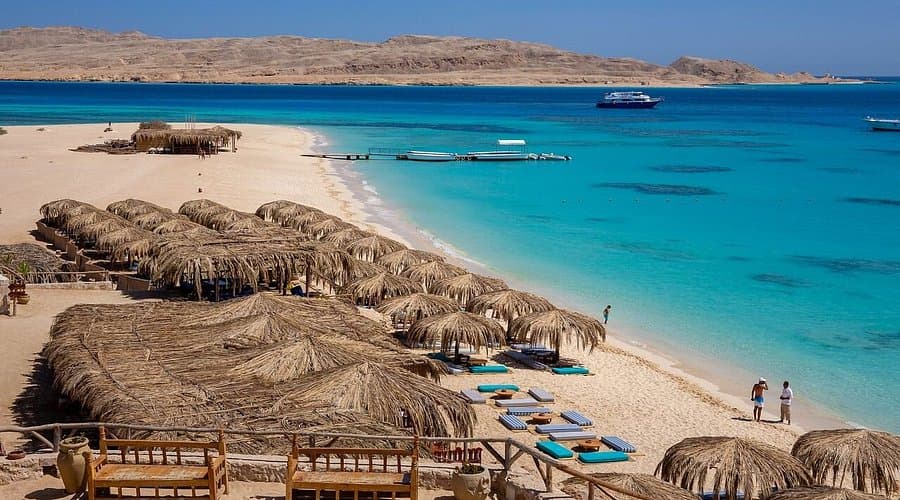 Hurghada Red Sea coastline with crystal clear turquoise waters and beautiful beaches in Egypt
